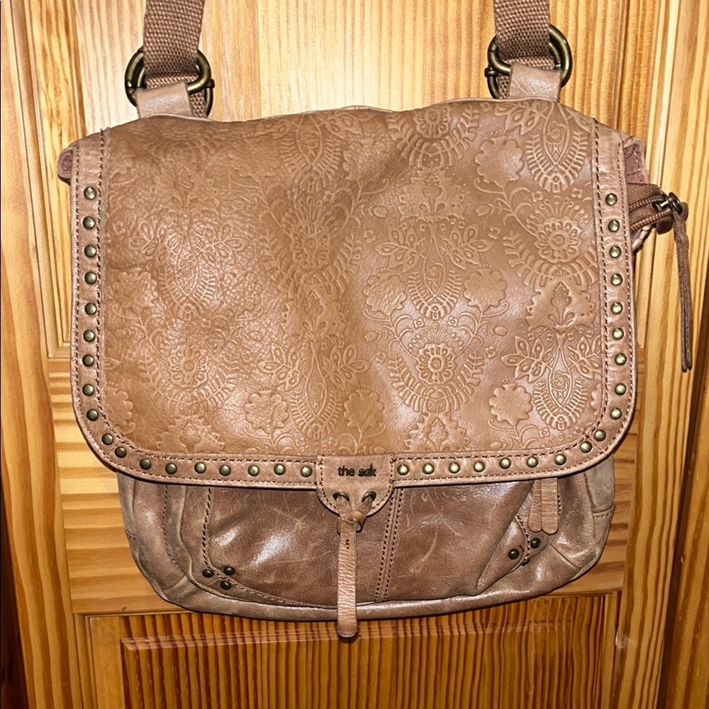 The Sak Brown Leather Floral Backpack